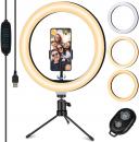 TVLIVE 10,2" Ring Light com tripé, 3 modos de luz,10 níveis de brilho Suporte de anel ajustável 360º